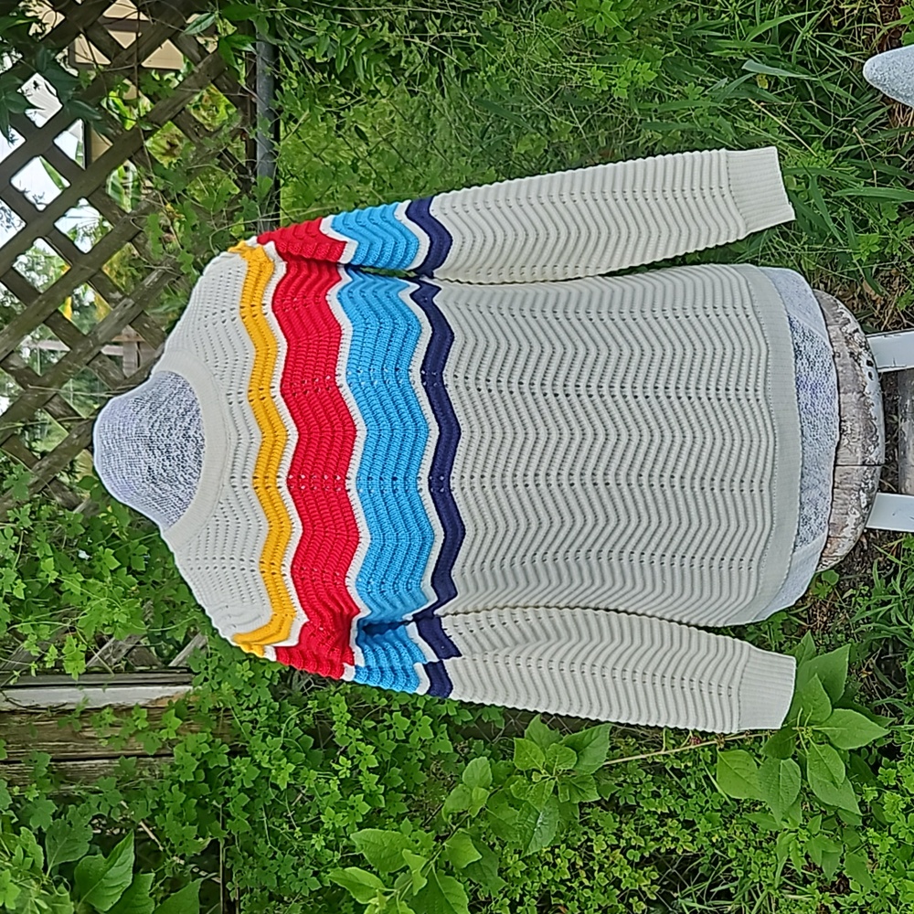 Cream Retro Rainbow Bold Zig Zag Striped Heavy Knit Sweater Sweet Claire Small